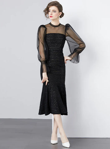 RETRO SEXY BLACK LONG SLEEVE DRESS