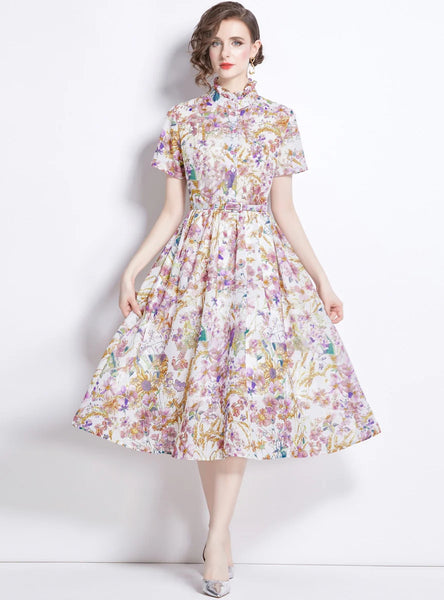 RETRO PRINTED SHORT SLEEVE SLIM DRESS