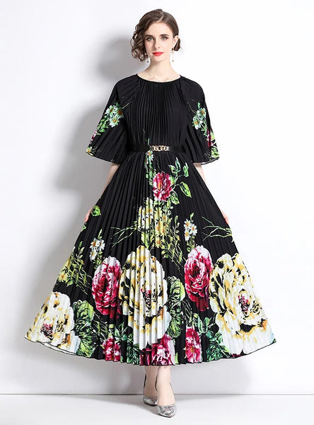 PRINTED MID-SLEEVE ROUND NECK DRESS