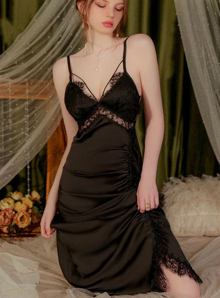 SEXY PLEATED SLIM BACKLESS ICE SILK NIGHTGOWN