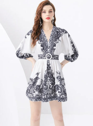 STAND-UP COLLAR LANTERN SLEEVE PRINTED SHORT MINI DRESS