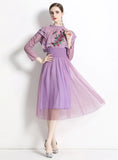 PURPLE LONG SLEEVE LACE EMBROIDERY GAUZE DRESS