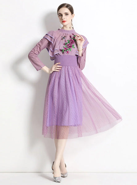 PURPLE LONG SLEEVE LACE EMBROIDERY GAUZE DRESS