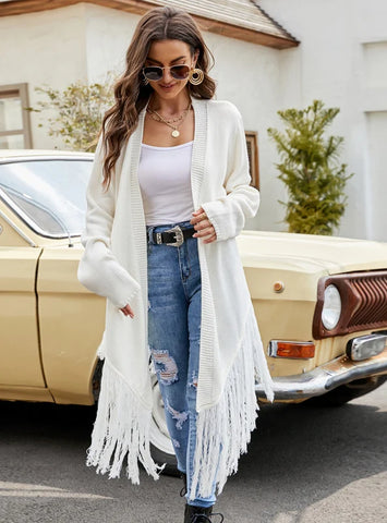CLASSY SOLID COLOR TASSEL KNITTED IRREGULAR SWEATER COAT