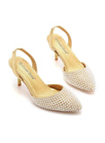 POINTED WHITE PEARL STILETTO HEELS SANDALS