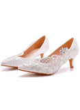 LACE MESH FLOWER POINTED HIGH HEEL BRIDE SHOES