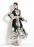 RETRO PRINTED LONG SLEEVE FRINGED DRESS