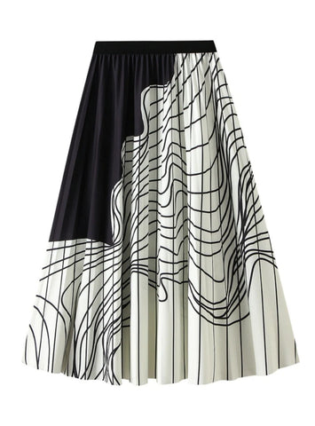 CONTRAST IRREGULAR STRIPED PLEATED SKIRT
