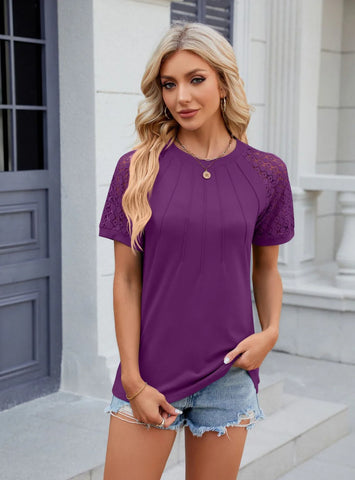 ROUND NECK LACE STITCHING SHORT SLEEVE T-SHIRT