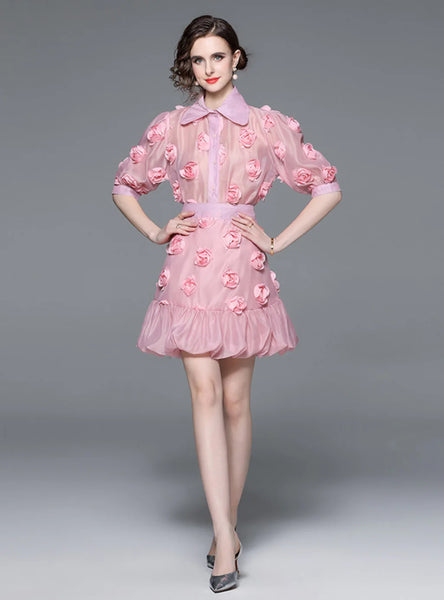FLOWER BUBBLE SLEEVE TOP AND SKIRT TWO-PIECE SUIT