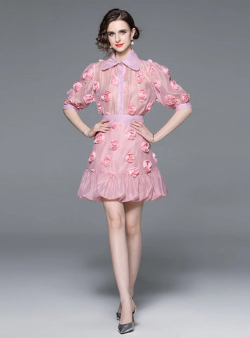 FLOWER BUBBLE SLEEVE TOP AND SKIRT TWO-PIECE SUIT