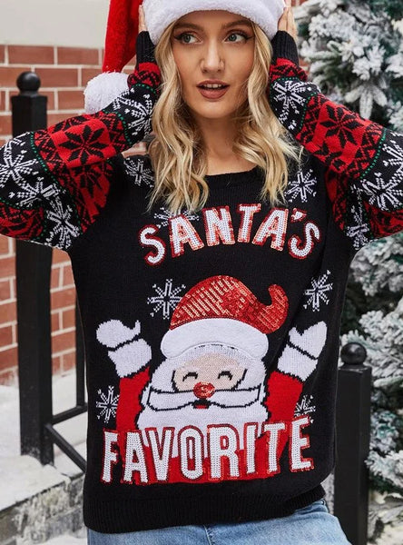STYLISH CHRISTMAS EMBROIDERY ROUND NECK SWEATER