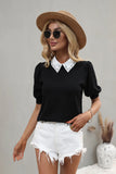 FASHION PULLOVER SHORT SLEEVE SOLID COLOR LAPEL SWEATER