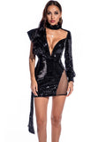 MESH STITCHING SEQUINED HIGH NECK DRESS