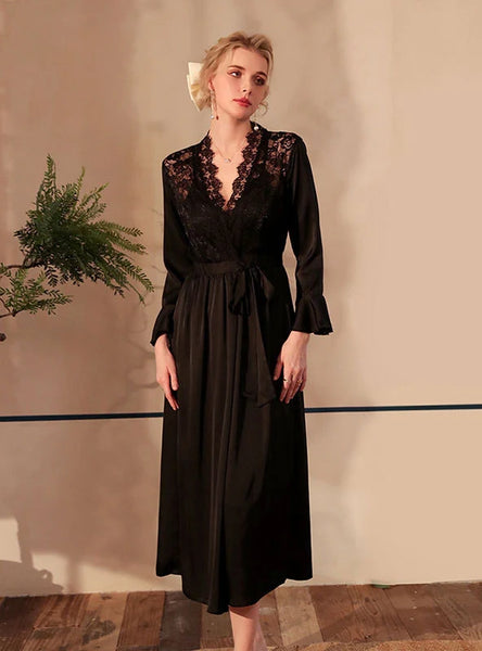 FASHION SATIN LACE LONG SLEEVE ONE PIECE ROBE NATHROBE