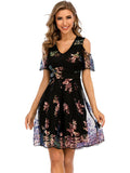 BLACK TULLE V-NECK SEQUINED DRESS