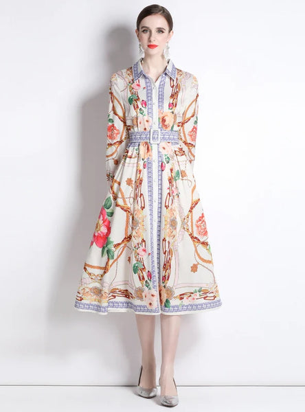 LAPEL SLIM FIT MID-LENGTH PRINTED SHIRT DRESS