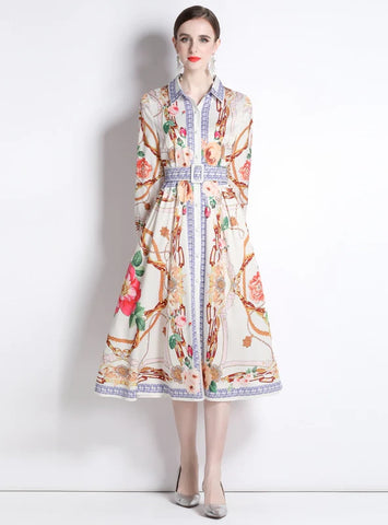 LAPEL SLIM FIT MID-LENGTH PRINTED SHIRT DRESS