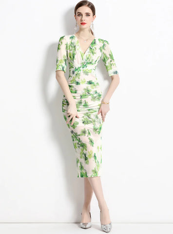 2023-MESH V-NECK PLEATED SPLIT FLORAL DRESS
