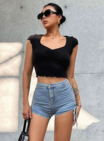 V-NECK PLEATED SLIM T-SHIRT