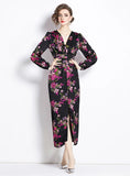 RETRO PRINTED V-NECK LONG-SLEEVED DRESS