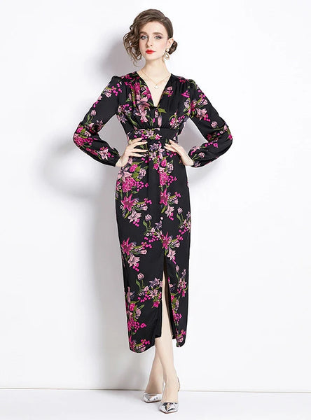 RETRO PRINTED V-NECK LONG-SLEEVED DRESS