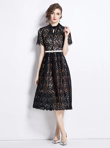 RETRO LACE SLIM SHORT SLEEVE DRESS