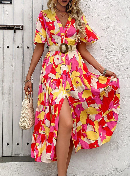 SHORT SLEEVE V-NECK PRINTED DRESS