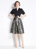 RETRO STITCHING FAKE JACQUARD V-NECK SHORT-SLEEVED DRESS