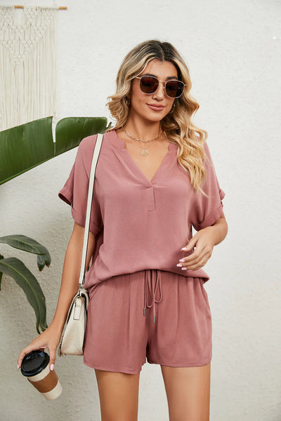 SOLID COLOR V-NECK LOOSE T-SHIRT SHORTS SUIT
