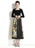 RETRO SQUARE NECK LONG SLEEVE TOP+PRINTED PLEATED SKIRT SUIT