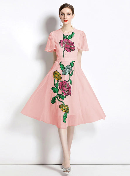 MESH SEQUINS LOTUS LEAF SLEEVE DRESS