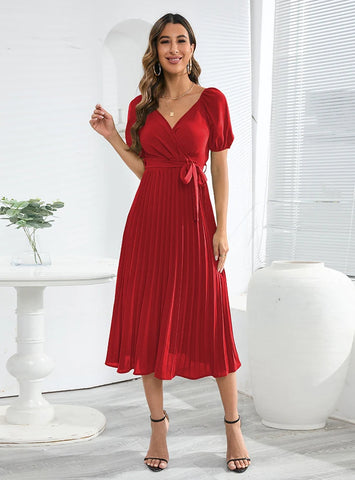 V-NECK PLEATED LANTERN SLEEVE DRESS