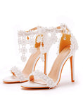 WHITE FRINGED LACE STILETTO SANDALS WEDDING SHOES