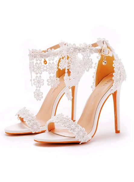 WHITE FRINGED LACE STILETTO SANDALS WEDDING SHOES