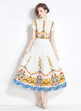 RETRO PRINTED SHORT SLEEVE T-SHIRT+PLEATED SKIRT SUIT