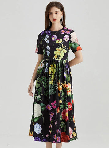 FLOWER PRINTED SHORT-SLEEVED BIG SWING DRESS