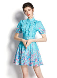 LANTERN SLEEVE SHORT RUFFLED PRINTED DRESS