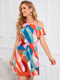 COLOR SINGLE DIAGONAL SHOULDER PRINT DRESS