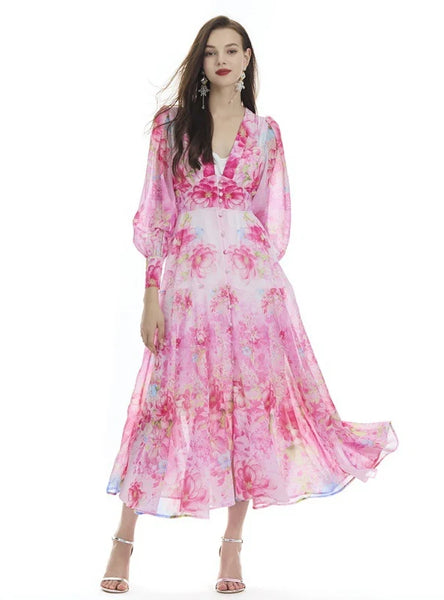 PRINTED CHIFFON SEASIDE SILM WAIST RUFFLED DRESS