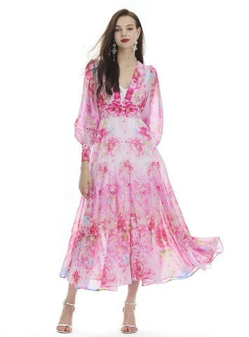 PRINTED CHIFFON SEASIDE SILM WAIST RUFFLED DRESS