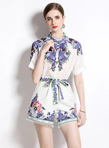 CHIFFON RETRO PRINTED SHORT-SLEEVED SHIRT+SHORTS TWO-PIECE SUIT
