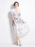 FASHION PRINTED V-NECK SHORT-SLEEVED SLIM DRESS