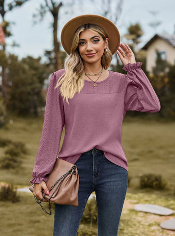 SPLICED ROUND NECK LONG SLEEVE T-SHIRT