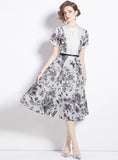 RETRO PRINTING SHORT SLEEVE DYEING DRESS