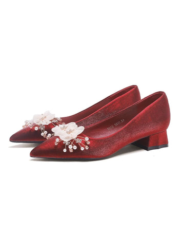 SATIN THICK-HEELED POINTED PEARL WEDDING SHOES