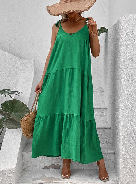SOLID COLOR SLEEVELESS SUSPENDER LONG DRESS
