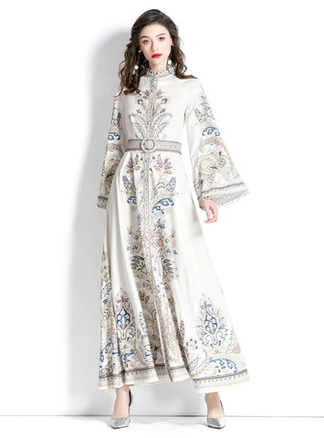 RETRO PRINTED ROUND NECK FLARED SLEEVE DRESS