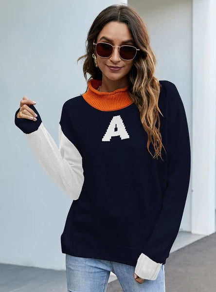 CLASSY LETTER JACQUARD LOOSE TURTLENECK PULLOVER SWEATER