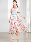 SHORT SLEEVE PRINTED LAPEL DRESS WITH BELT